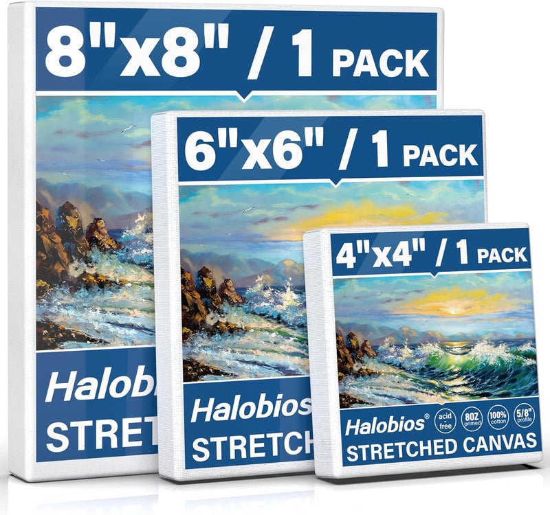 Halobios 3 Packs Stretched Canvases for Painting with 4x4 Inch, 6x6 Inch, 8x8 Inch, Square Blacnk Canvases for Acrylics,Oils & Other Painting Media, 5/8 Inch Profile 100% Cotton Artist Framed Canvas - Image 1